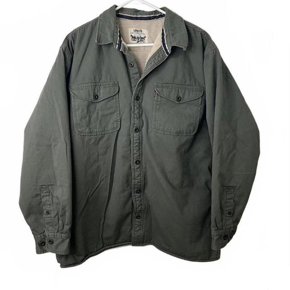 Levi's Shirt Jacket Olive Green Sherpa Lined Cotton Canvas Workwear XL